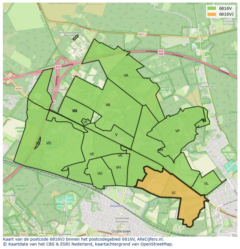 Afbeelding van het postcodegebied 6816 VJ op de kaart.