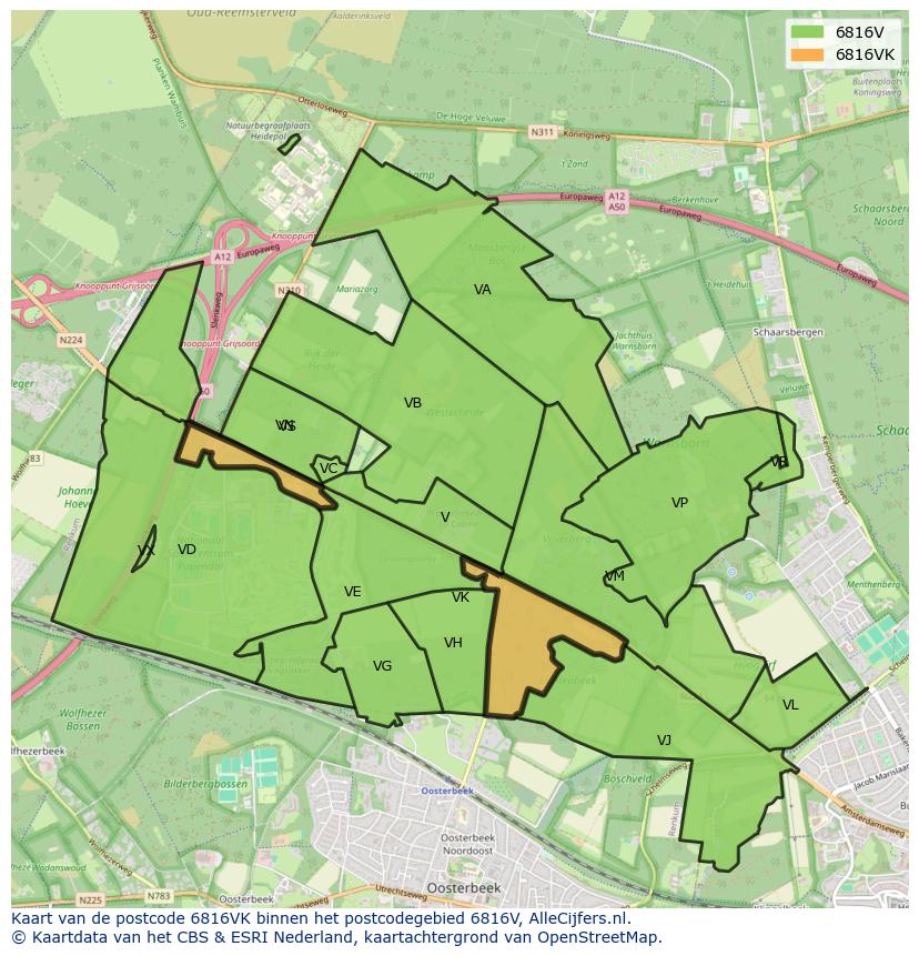 Afbeelding van het postcodegebied 6816 VK op de kaart.