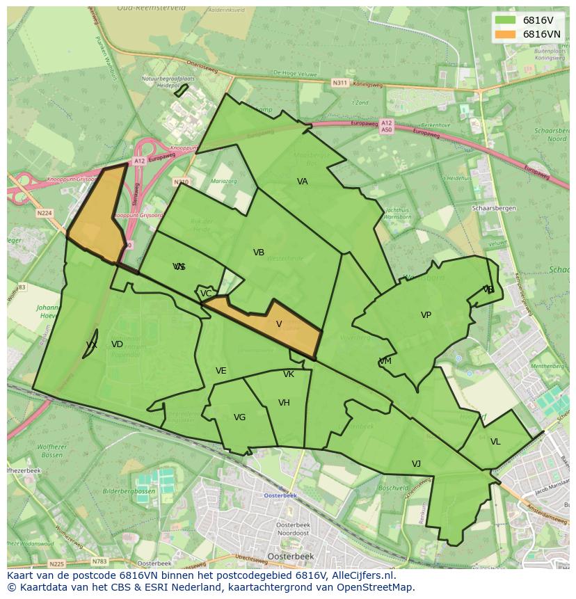 Afbeelding van het postcodegebied 6816 VN op de kaart.