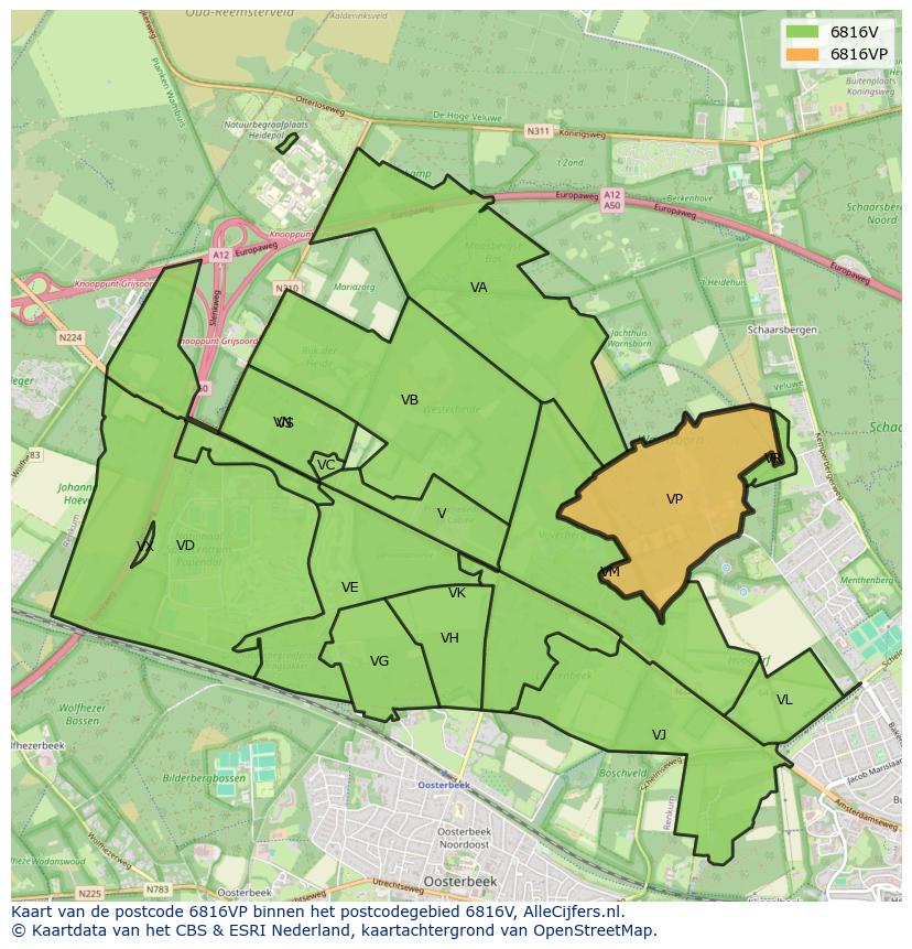 Afbeelding van het postcodegebied 6816 VP op de kaart.