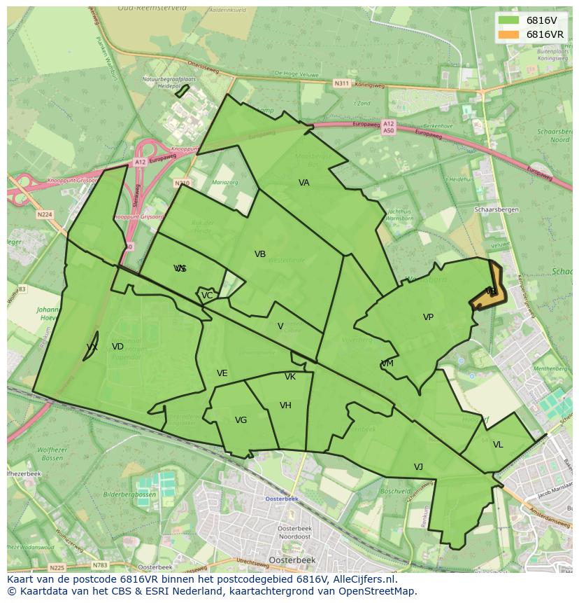 Afbeelding van het postcodegebied 6816 VR op de kaart.