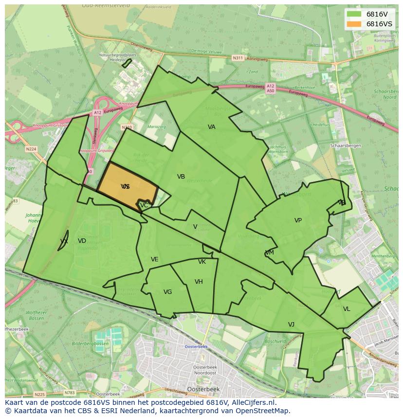Afbeelding van het postcodegebied 6816 VS op de kaart.