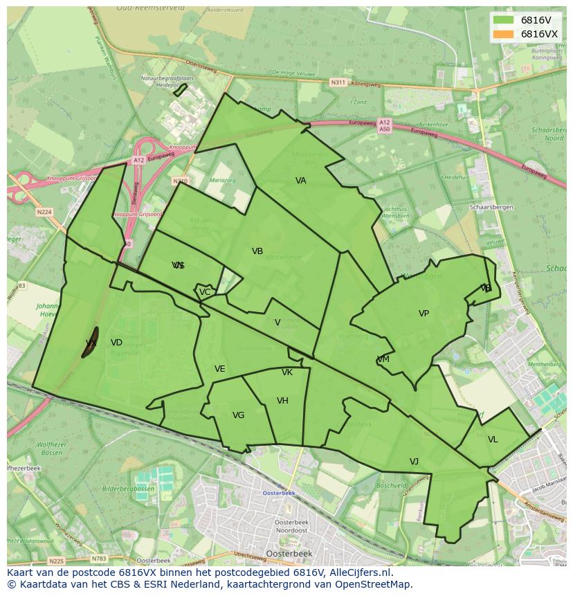 Afbeelding van het postcodegebied 6816 VX op de kaart.