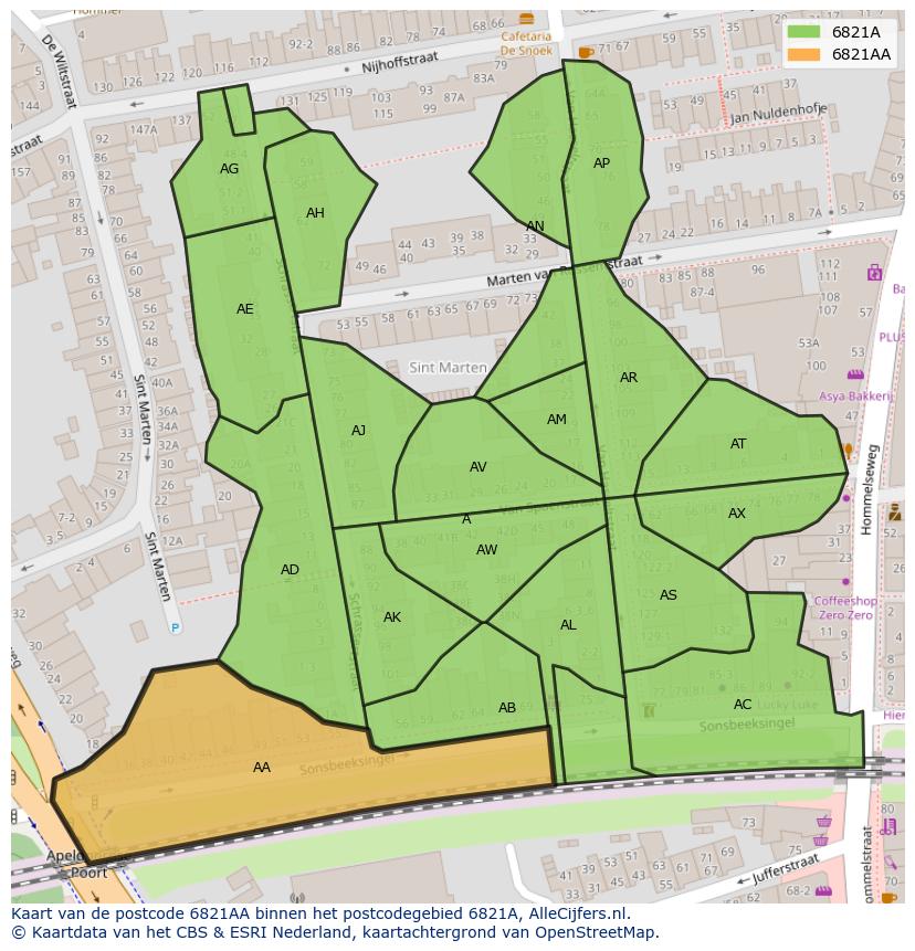 Afbeelding van het postcodegebied 6821 AA op de kaart.