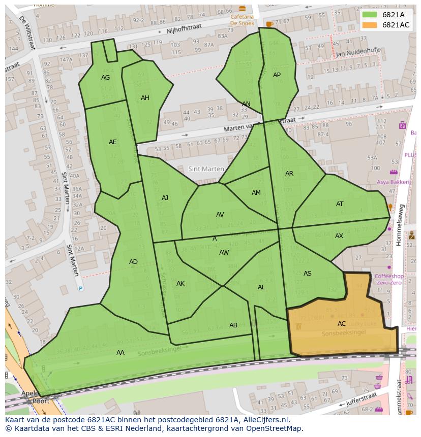 Afbeelding van het postcodegebied 6821 AC op de kaart.