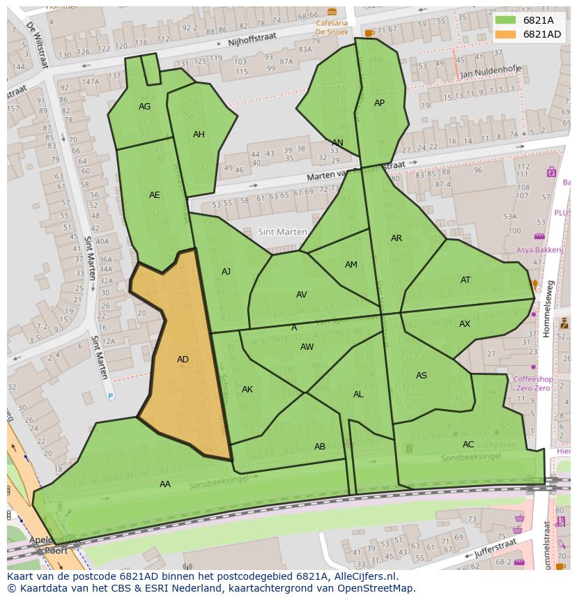 Afbeelding van het postcodegebied 6821 AD op de kaart.