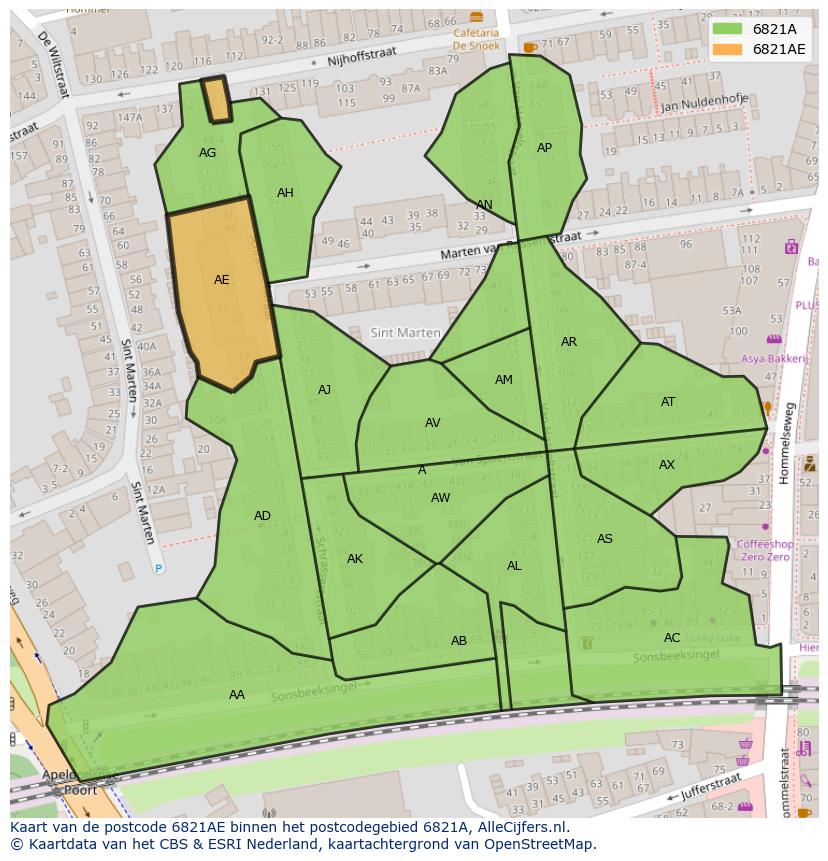 Afbeelding van het postcodegebied 6821 AE op de kaart.