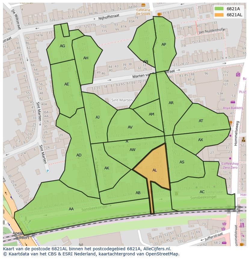 Afbeelding van het postcodegebied 6821 AL op de kaart.