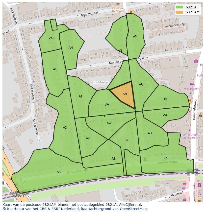 Afbeelding van het postcodegebied 6821 AM op de kaart.