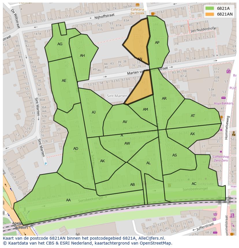 Afbeelding van het postcodegebied 6821 AN op de kaart.