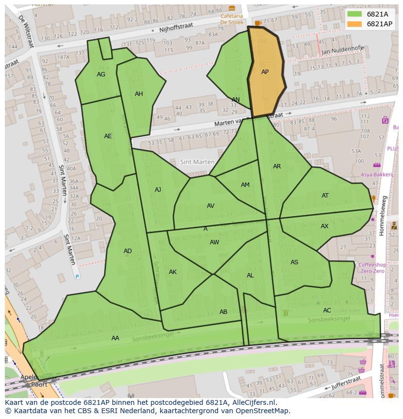 Afbeelding van het postcodegebied 6821 AP op de kaart.