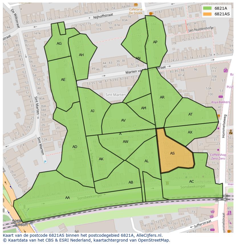 Afbeelding van het postcodegebied 6821 AS op de kaart.