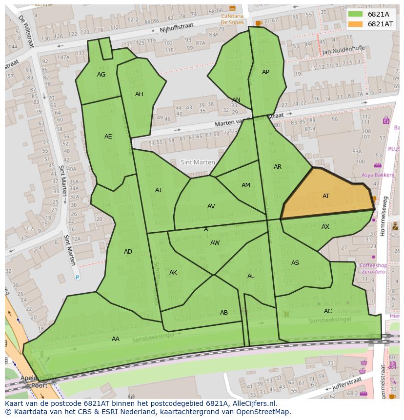 Afbeelding van het postcodegebied 6821 AT op de kaart.