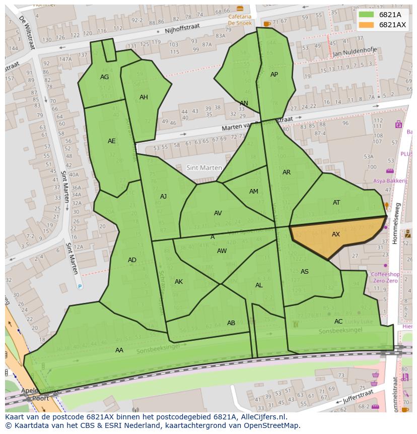 Afbeelding van het postcodegebied 6821 AX op de kaart.