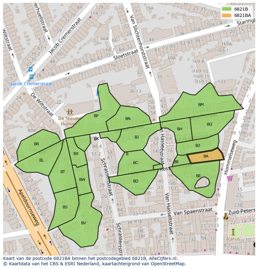 Afbeelding van het postcodegebied 6821 BA op de kaart.