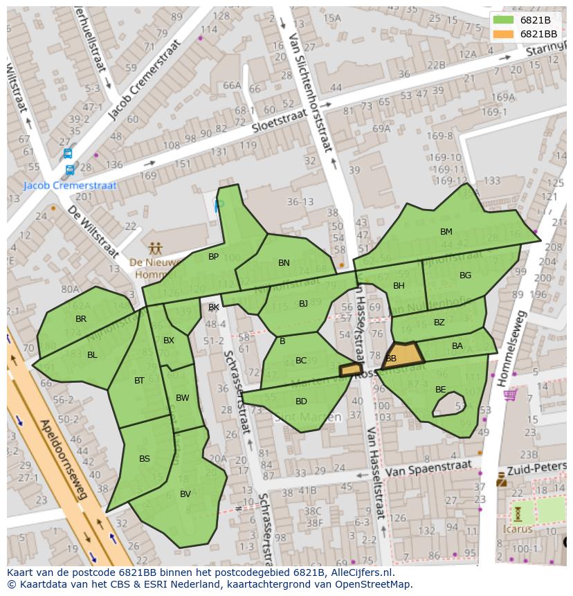 Afbeelding van het postcodegebied 6821 BB op de kaart.