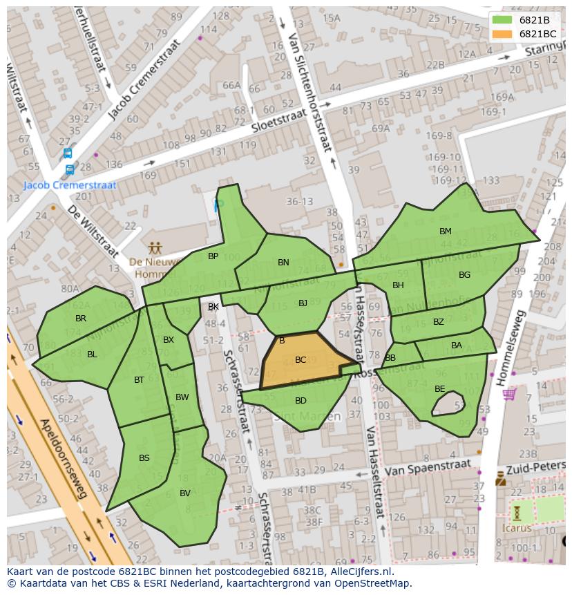Afbeelding van het postcodegebied 6821 BC op de kaart.