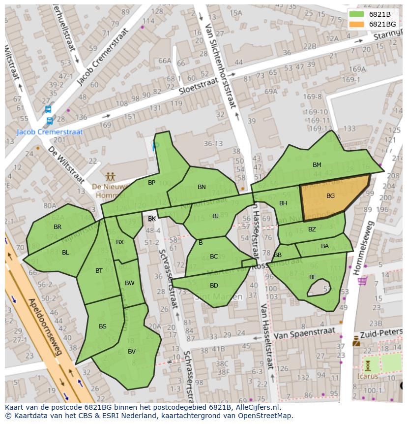 Afbeelding van het postcodegebied 6821 BG op de kaart.