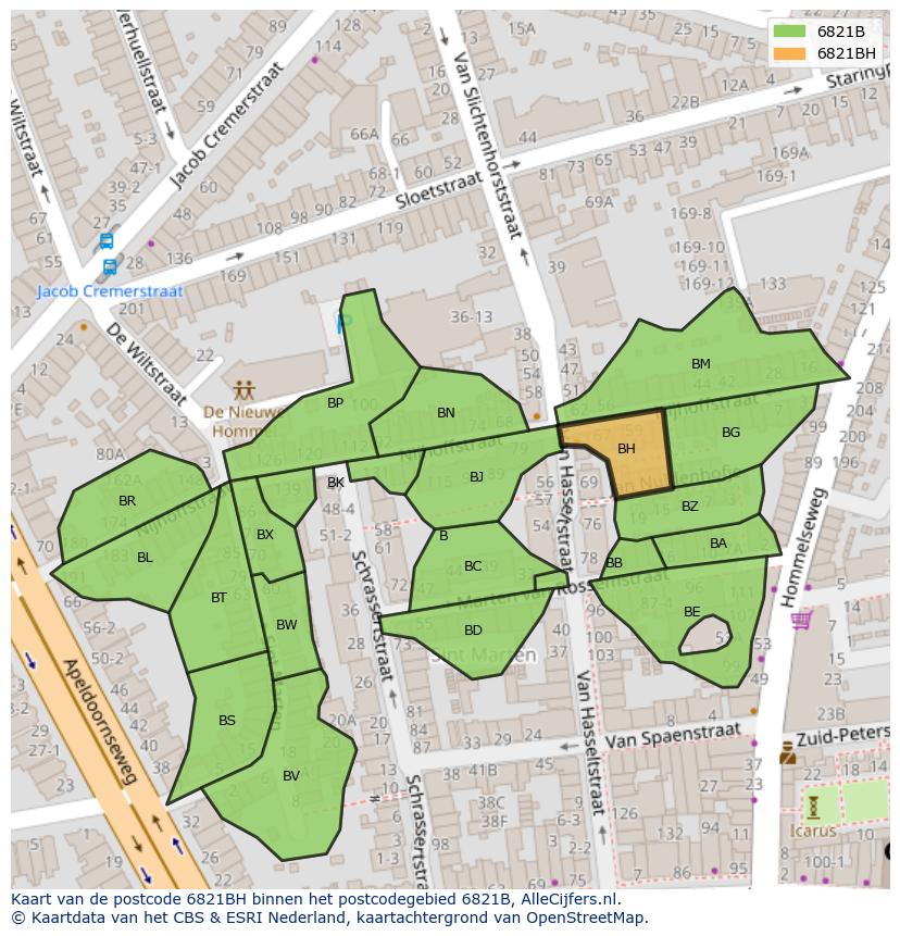 Afbeelding van het postcodegebied 6821 BH op de kaart.