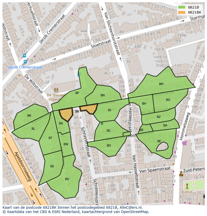 Afbeelding van het postcodegebied 6821 BK op de kaart.