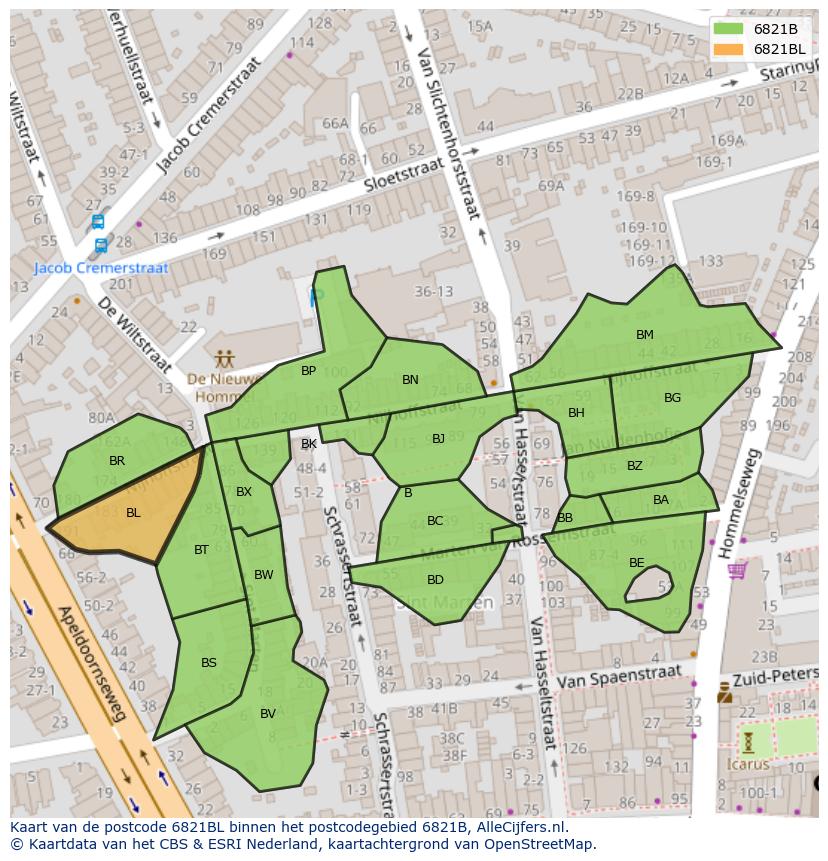 Afbeelding van het postcodegebied 6821 BL op de kaart.