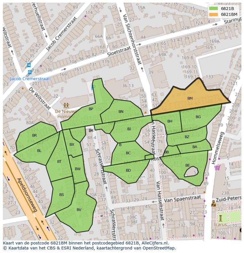 Afbeelding van het postcodegebied 6821 BM op de kaart.