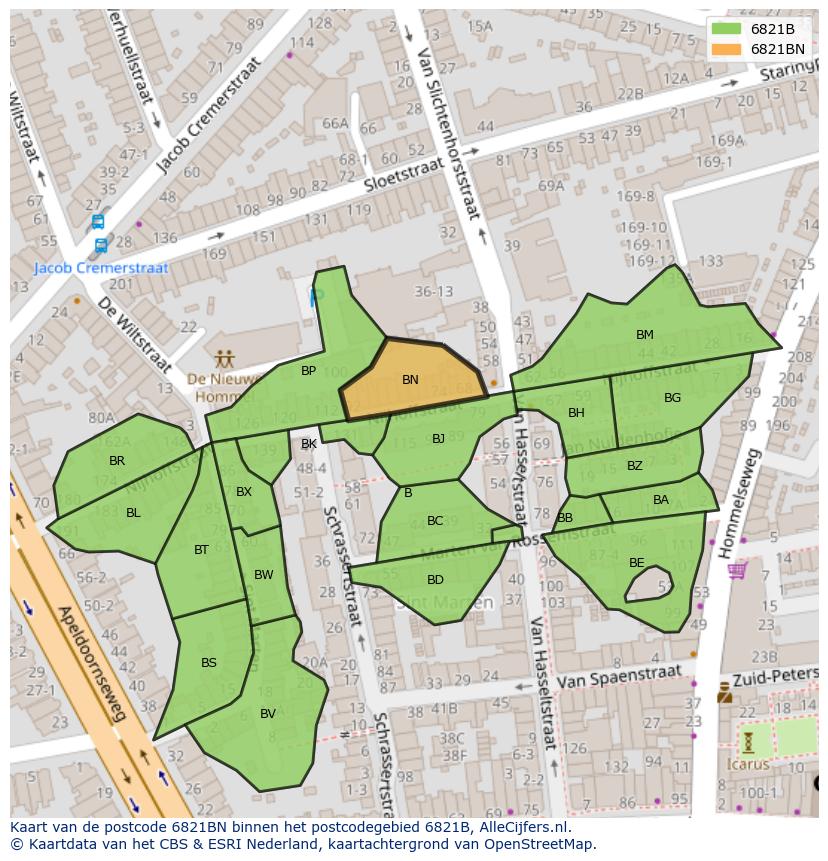Afbeelding van het postcodegebied 6821 BN op de kaart.