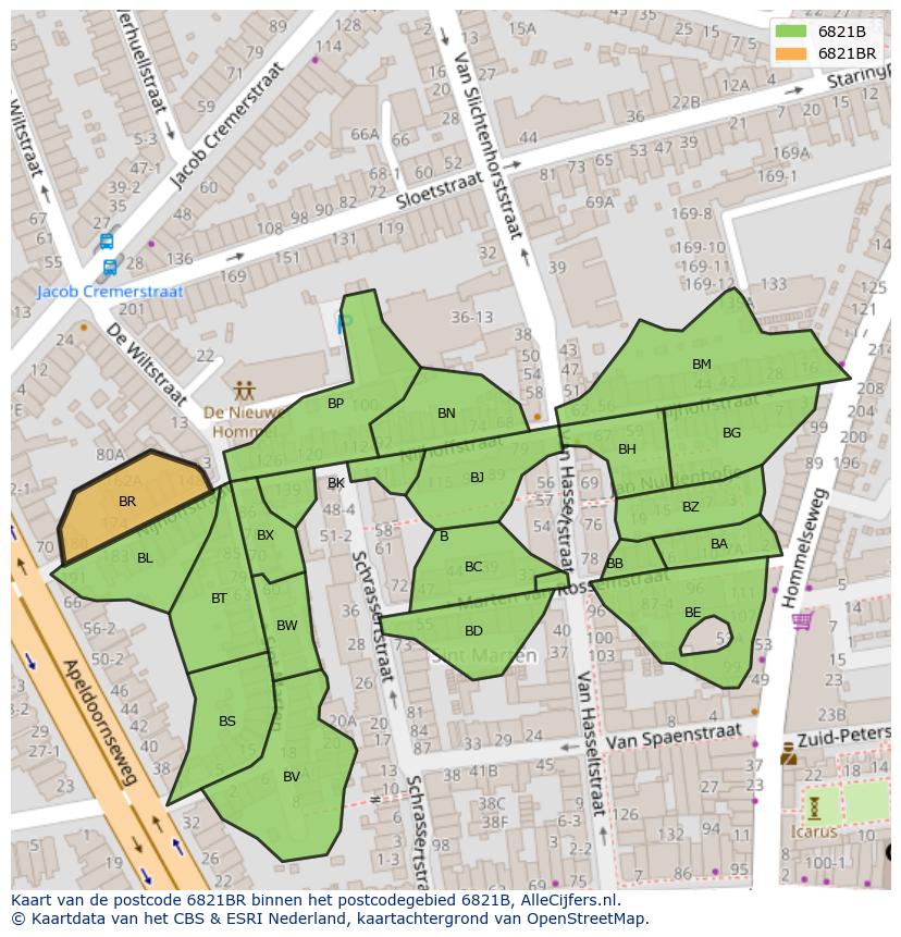 Afbeelding van het postcodegebied 6821 BR op de kaart.