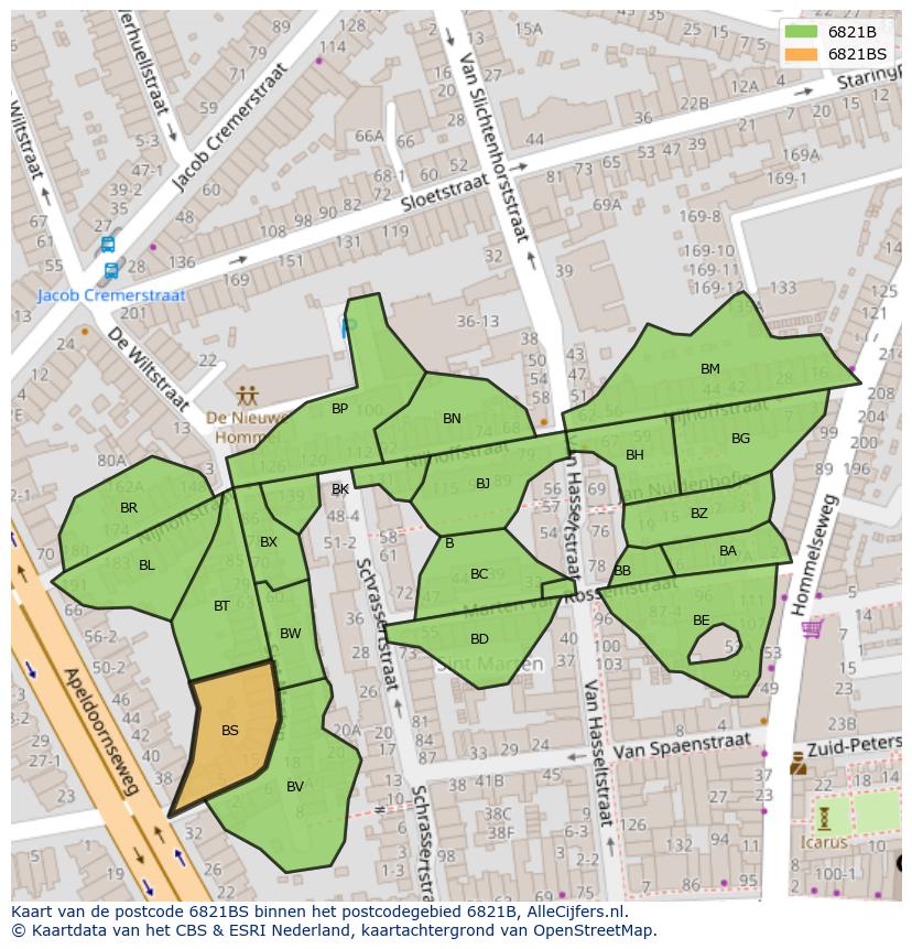 Afbeelding van het postcodegebied 6821 BS op de kaart.