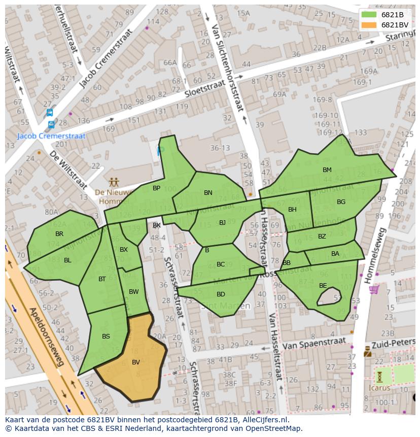 Afbeelding van het postcodegebied 6821 BV op de kaart.