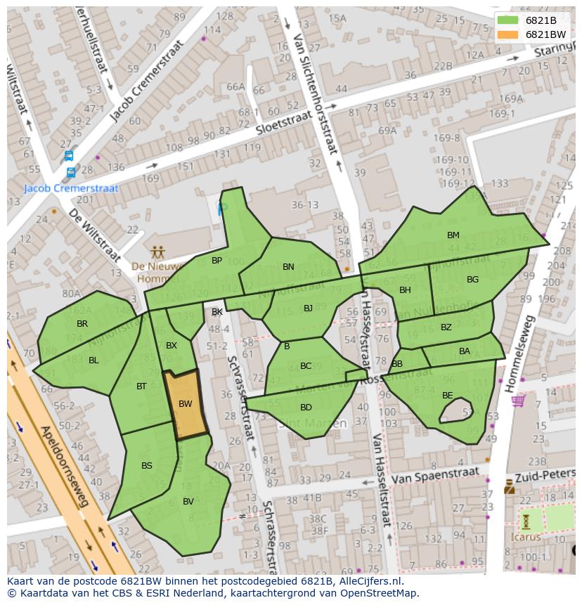 Afbeelding van het postcodegebied 6821 BW op de kaart.