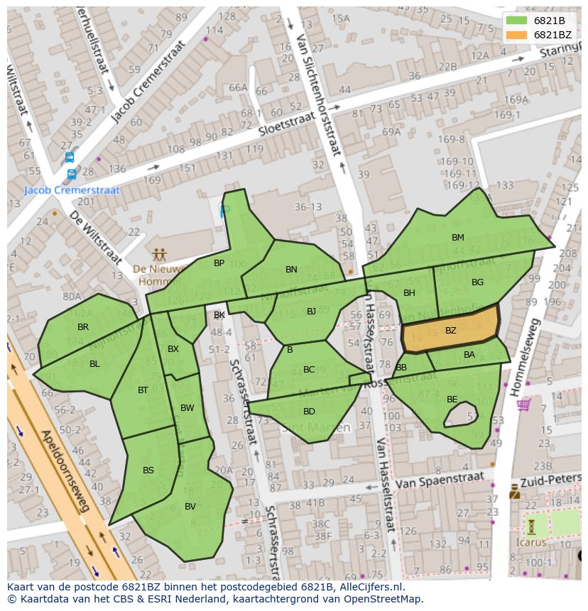 Afbeelding van het postcodegebied 6821 BZ op de kaart.