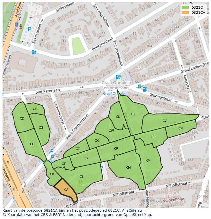 Afbeelding van het postcodegebied 6821 CA op de kaart.