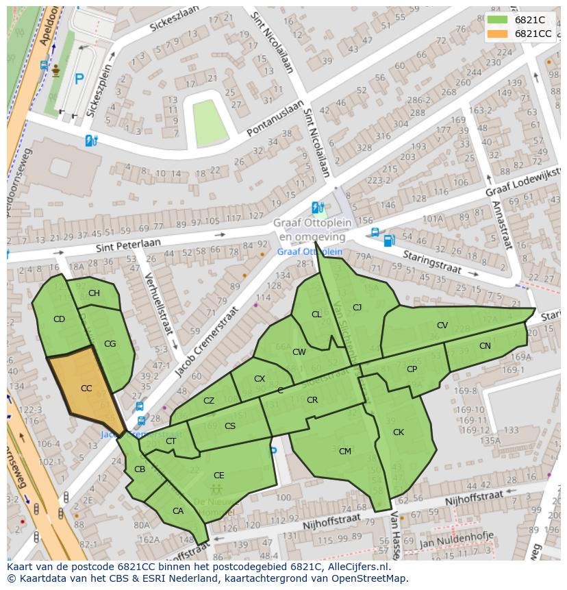 Afbeelding van het postcodegebied 6821 CC op de kaart.