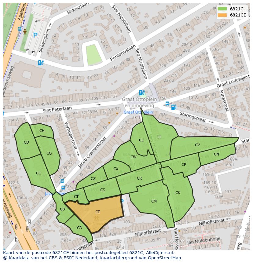 Afbeelding van het postcodegebied 6821 CE op de kaart.