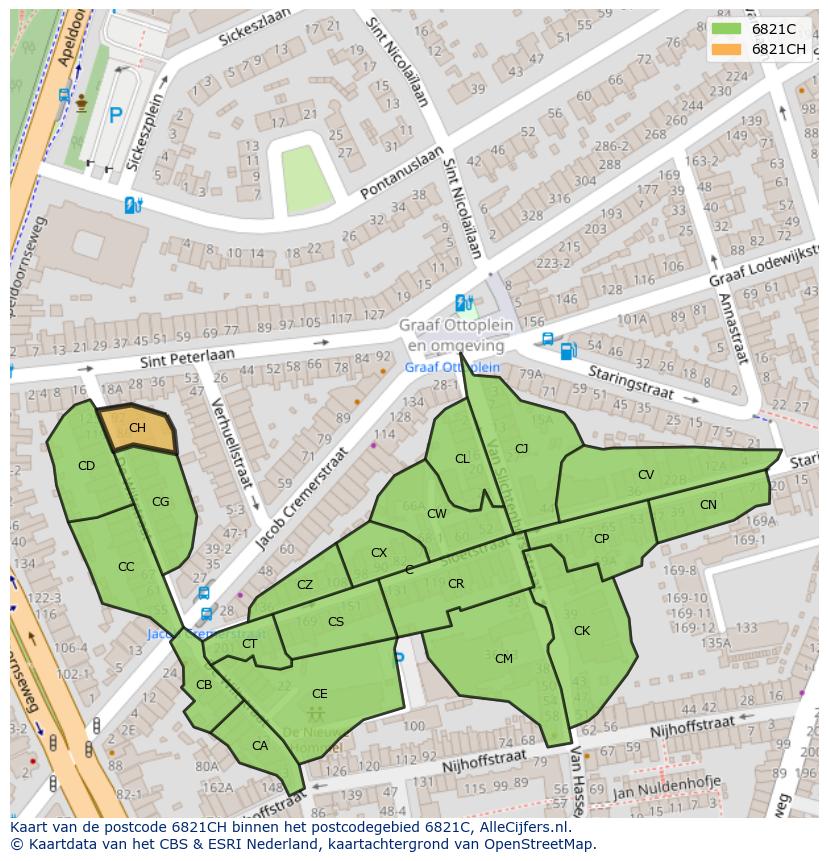 Afbeelding van het postcodegebied 6821 CH op de kaart.