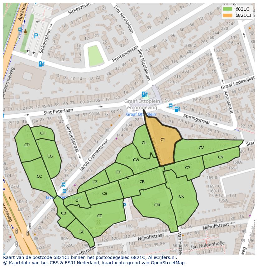 Afbeelding van het postcodegebied 6821 CJ op de kaart.