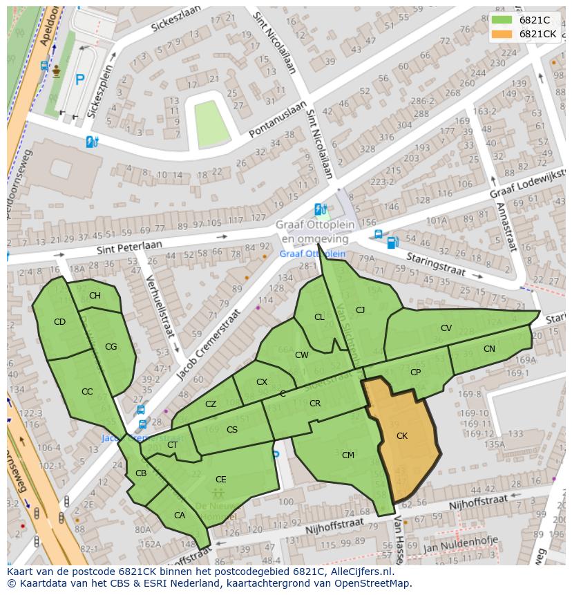 Afbeelding van het postcodegebied 6821 CK op de kaart.