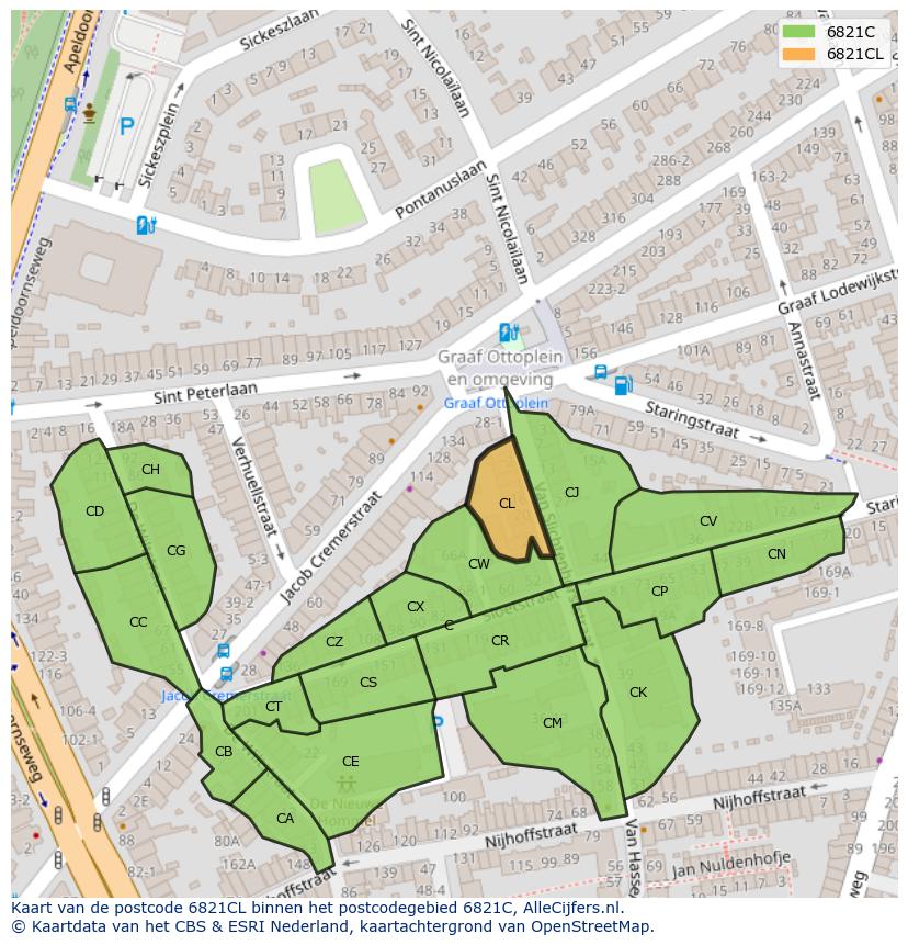 Afbeelding van het postcodegebied 6821 CL op de kaart.