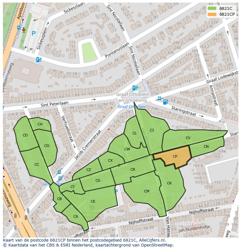 Afbeelding van het postcodegebied 6821 CP op de kaart.