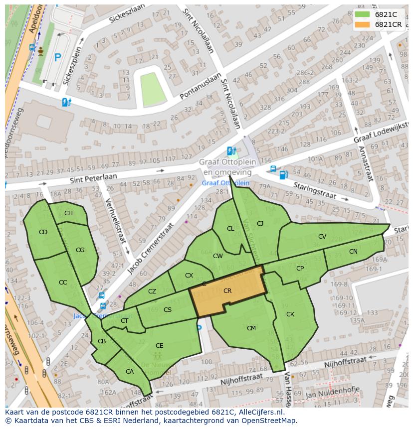 Afbeelding van het postcodegebied 6821 CR op de kaart.