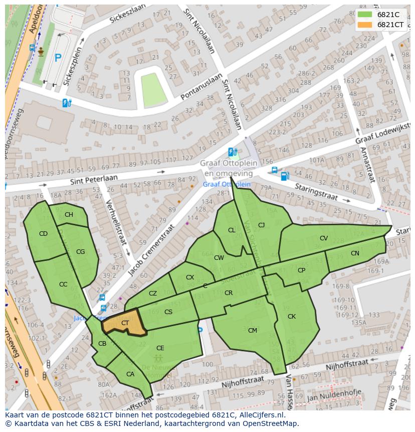 Afbeelding van het postcodegebied 6821 CT op de kaart.