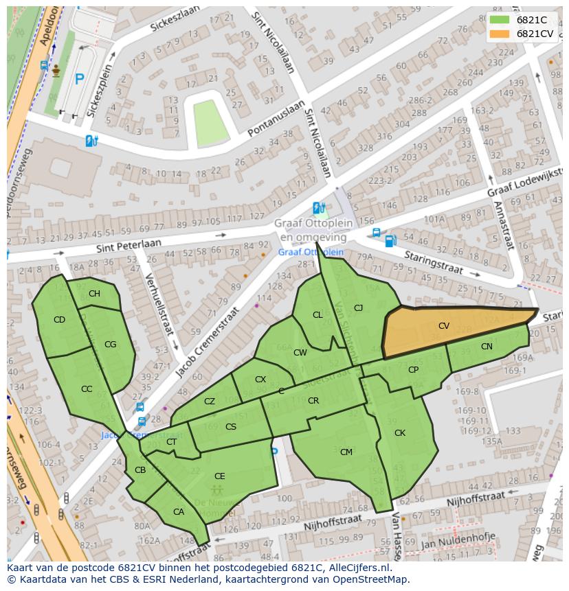 Afbeelding van het postcodegebied 6821 CV op de kaart.