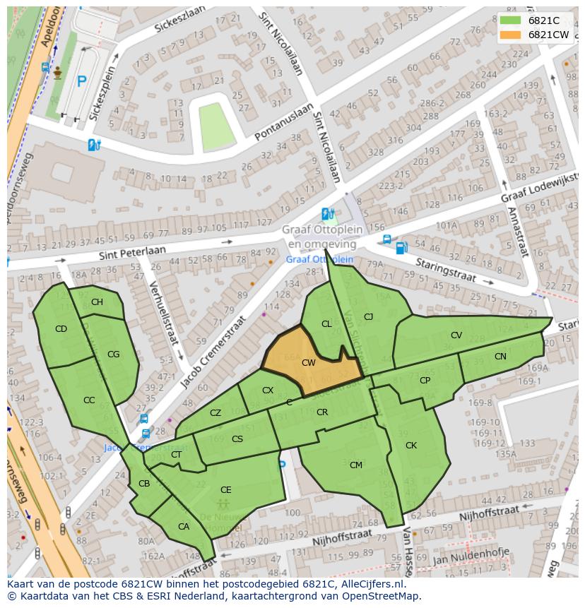 Afbeelding van het postcodegebied 6821 CW op de kaart.