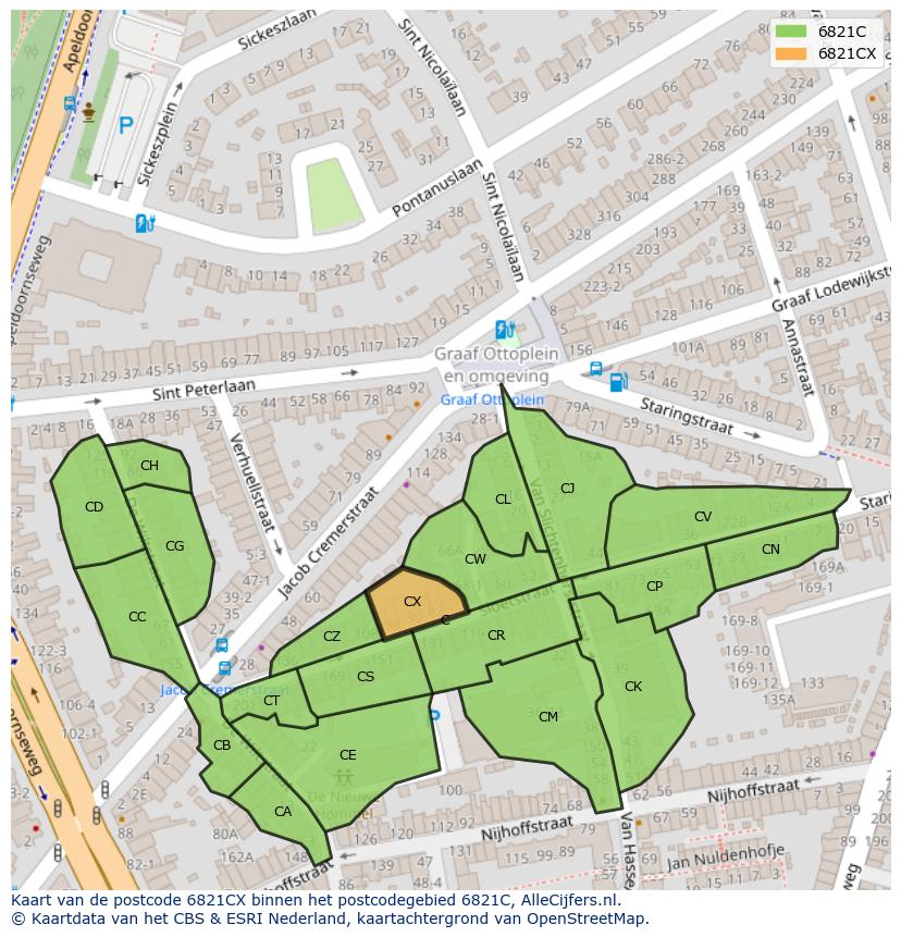 Afbeelding van het postcodegebied 6821 CX op de kaart.