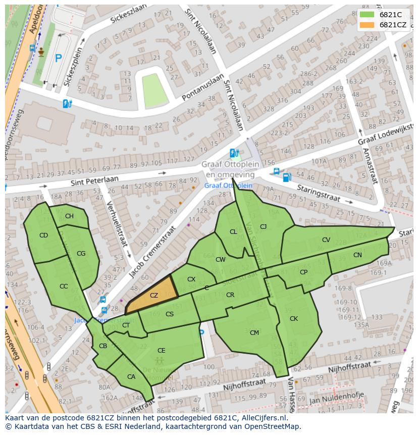 Afbeelding van het postcodegebied 6821 CZ op de kaart.