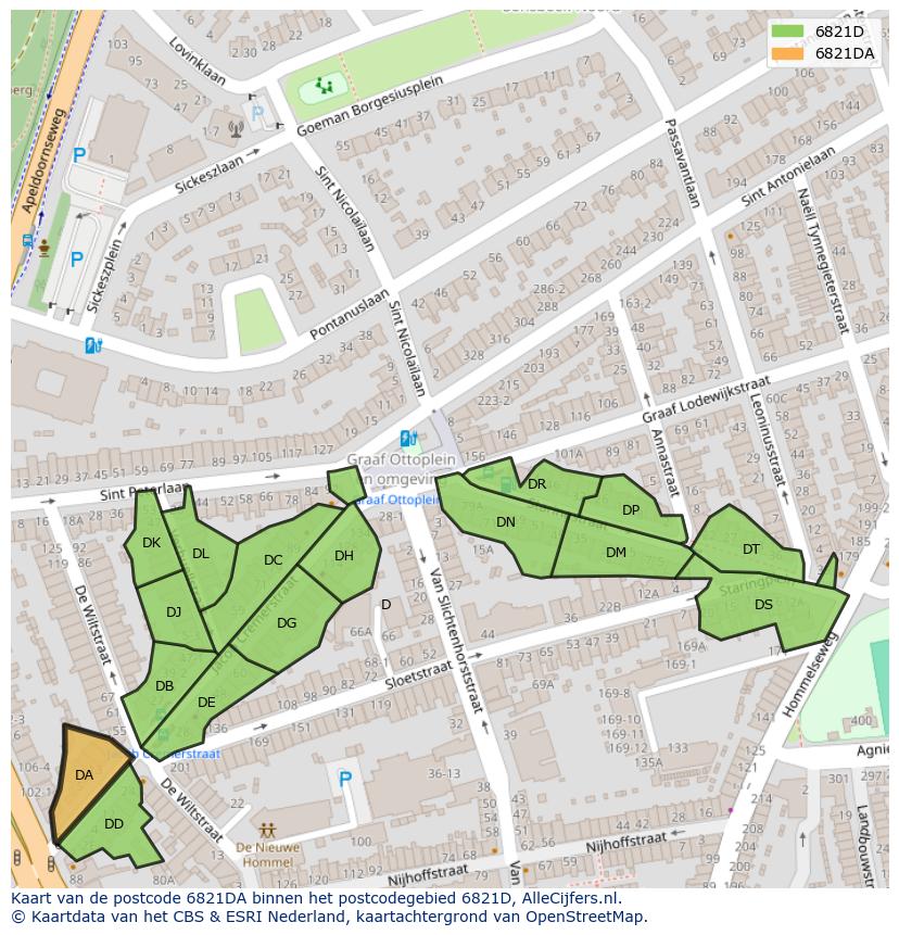 Afbeelding van het postcodegebied 6821 DA op de kaart.