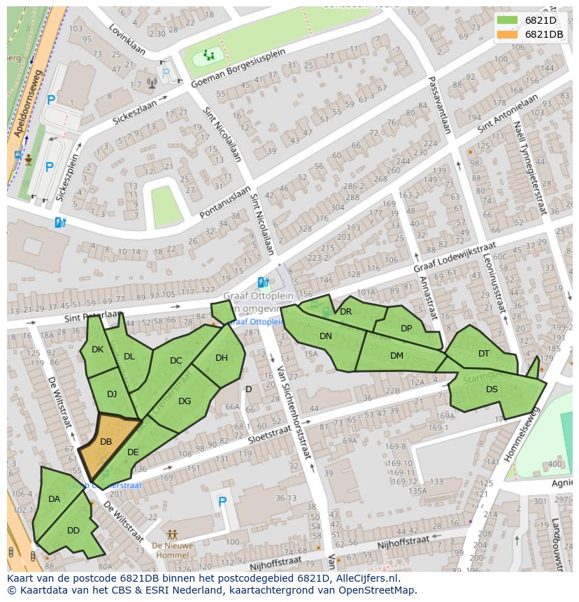 Afbeelding van het postcodegebied 6821 DB op de kaart.