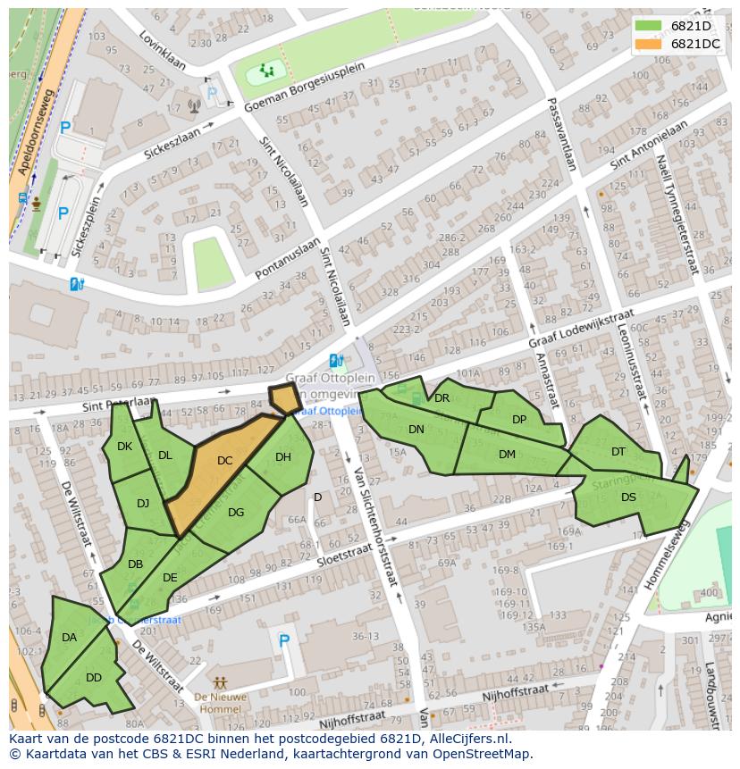 Afbeelding van het postcodegebied 6821 DC op de kaart.