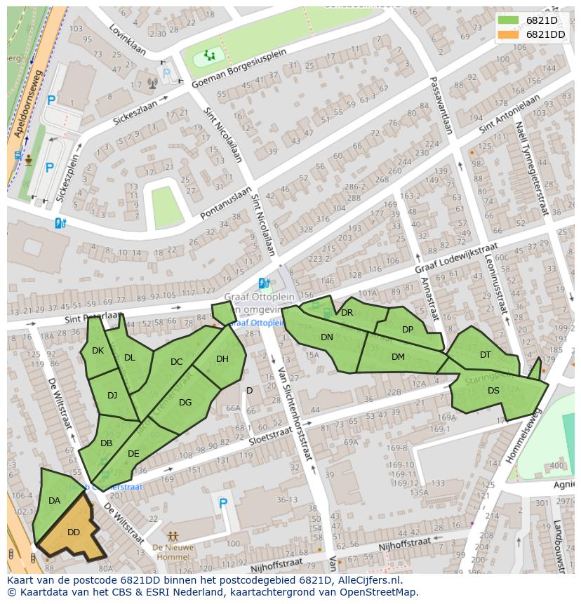 Afbeelding van het postcodegebied 6821 DD op de kaart.
